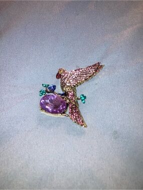 Pink Crystal Parrot Brooch with Purple Stone